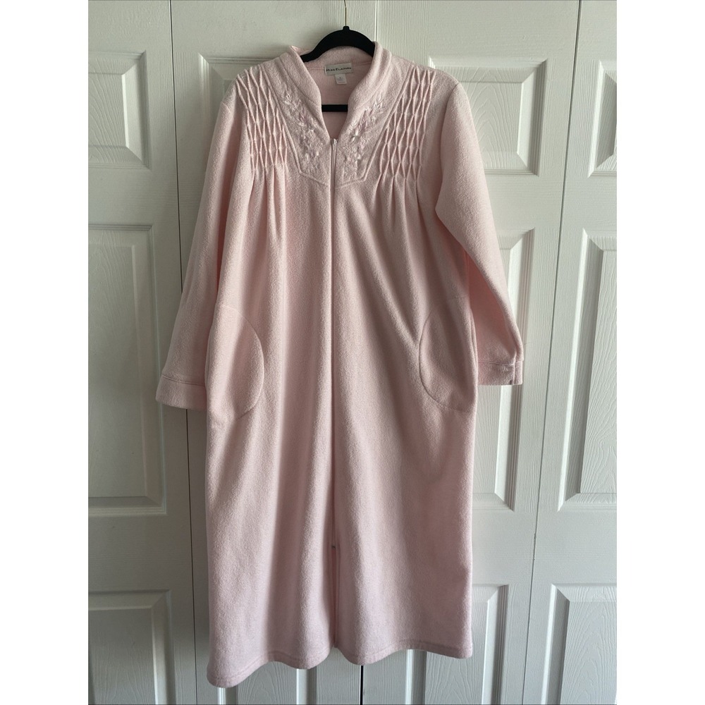 Miss Elaine Zip Front Robe Womens Size S Pink Embroidered Fleece Housecoat Long